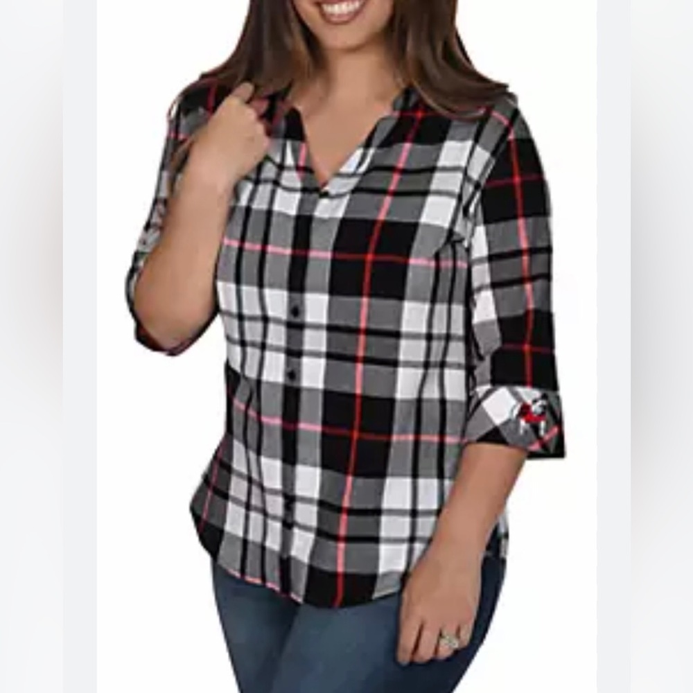 University of Georgia Bulldogs Plaid Tunic UGA Bulldawgs Logo Red Black White LG